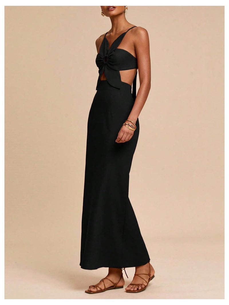 SHENHE Women's Petal Backless Linen Maxi Dress Cut Out Vacation Zipper Long Dresses Black Medium - Image 4