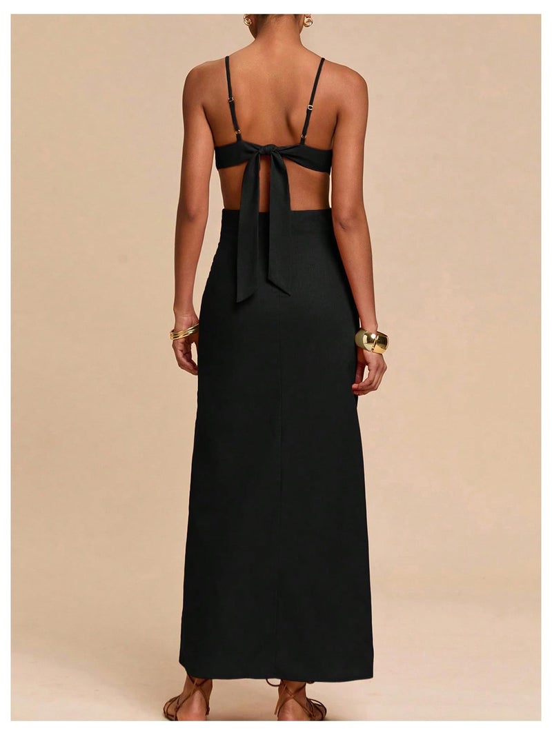 SHENHE Women's Petal Backless Linen Maxi Dress Cut Out Vacation Zipper Long Dresses Black Medium - Image 2