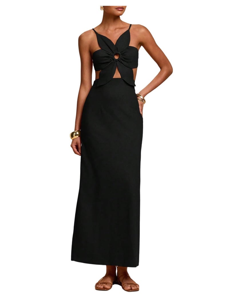 SHENHE Women's Petal Backless Linen Maxi Dress Cut Out Vacation Zipper Long Dresses Black Medium - Image 1