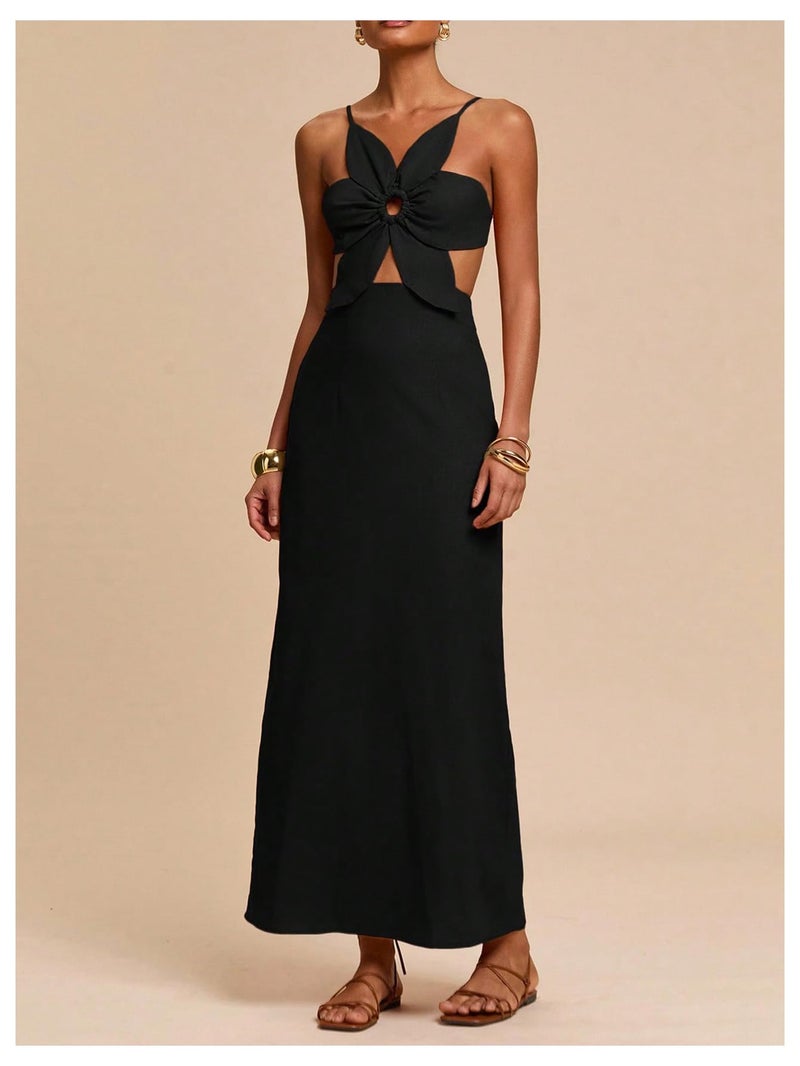 SHENHE Women's Petal Backless Linen Maxi Dress Cut Out Vacation Zipper Long Dresses Black Medium - Image 5