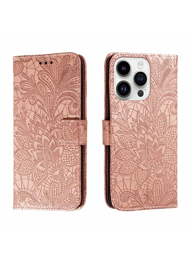 The Bros Case For iPhone 14 Pro Max Lace Flower Embossing Flip Leather Phone Case