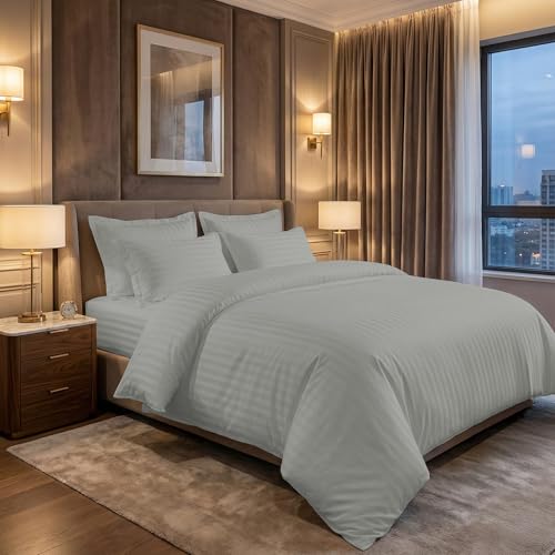 LINENWALAS Cotton 300 TC Fitted Bed Sheet for Queen Bed | Signature 2 CM Sateen Stripe | All-Around Elastic for 4–8 Inch Mattresses | Luxury Hotel-Style Bedding (60 x 78, Silver Grey) - Image 2