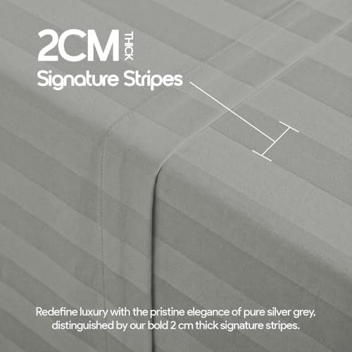 LINENWALAS Cotton 300 TC Fitted Bed Sheet for Queen Bed | Signature 2 CM Sateen Stripe | All-Around Elastic for 4–8 Inch Mattresses | Luxury Hotel-Style Bedding (60 x 78, Silver Grey) - Image 3