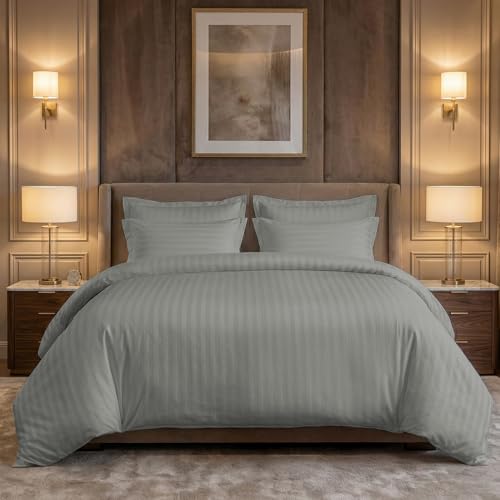 LINENWALAS Cotton 300 TC Fitted Bed Sheet for Queen Bed | Signature 2 CM Sateen Stripe | All-Around Elastic for 4–8 Inch Mattresses | Luxury Hotel-Style Bedding (60 x 78, Silver Grey) - Image 1