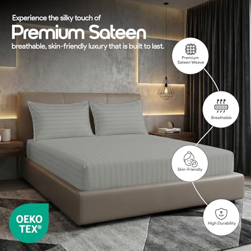 LINENWALAS Cotton 300 TC Fitted Bed Sheet for Queen Bed | Signature 2 CM Sateen Stripe | All-Around Elastic for 4–8 Inch Mattresses | Luxury Hotel-Style Bedding (60 x 78, Silver Grey) - Image 5
