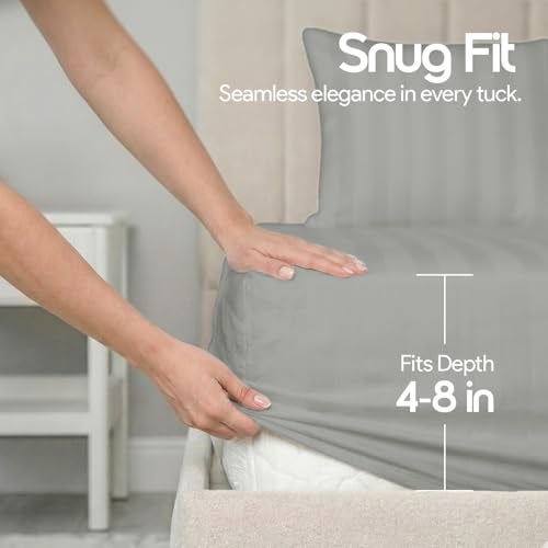 LINENWALAS Cotton 300 TC Fitted Bed Sheet for Queen Bed | Signature 2 CM Sateen Stripe | All-Around Elastic for 4–8 Inch Mattresses | Luxury Hotel-Style Bedding (60 x 78, Silver Grey) - Image 4