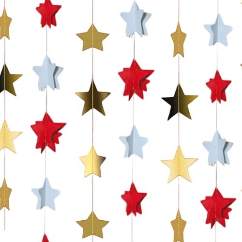 TOYXE Merry Christmas Star Frill Garland – Red, White & Gold Paper Decorations – 8 Pack, 3.5 Ft Each – Festive Hanging Ornament for Christmas Tree, Home, Party & Holiday Decor - Image 1