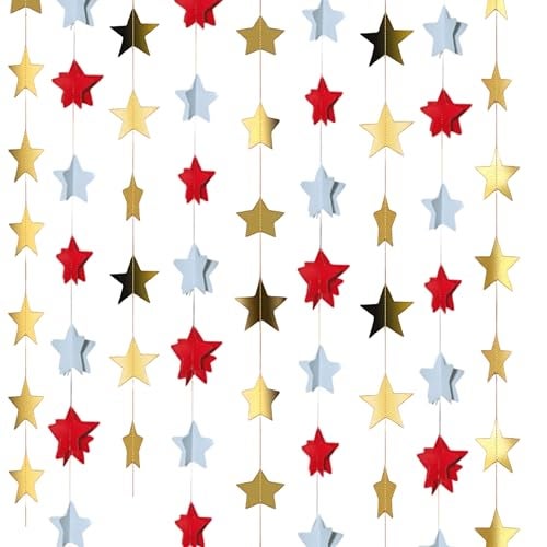 TOYXE Merry Christmas Star Frill Garland – Red, White & Gold Paper Decorations – 8 Pack, 3.5 Ft Each – Festive Hanging Ornament for Christmas Tree, Home, Party & Holiday Decor - Image 2