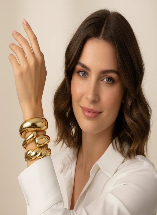 كي كبوت أساور KKPOT الذهبية السميكة للنساء - مطلية بالذهب عيار 14 قيراط، طقم أساور قابلة للتكديس مكون من 3 قطع، مجوهرات عصرية بسيطة (ذهبي-2) - Image 2