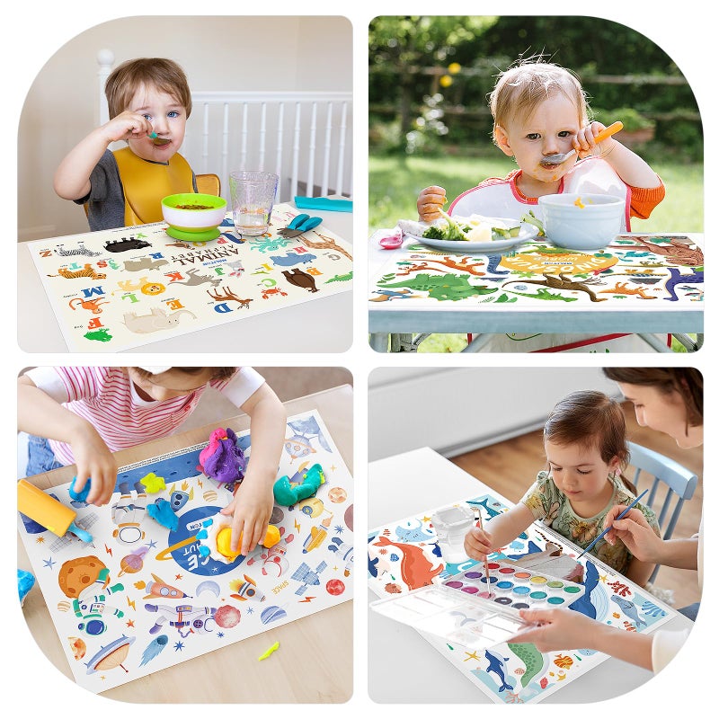Maliton Disposable Placemats for Baby & Toddlers - 32 Pack Stick on Placemat Waterproof Baby Placemats for Dining Table, Travel, Restaurants, Animal Alphabet Designs (12x18 Inch, Individual Packaging) - Image 4