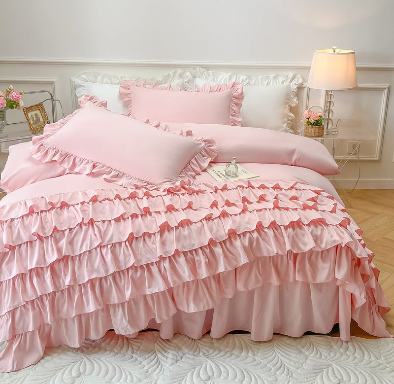 MOOWOO Girls Bedding - Waterfall Ruffle Duvet Cover - Twin 2 Piece Shabby Chic Solid Color Soft & Breathable with Zipper Closure & Corner Ties, Aesthetic Pink - Image 1