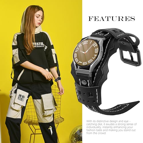 VIQIV Leather Band Compatible with Samsung Galaxy Watch 7654FE Active 2 40mm 44mmWatch 4 6 Classic 43mm 47mm 42mm 46mmWatch 5 Pro 45mm Bands Men 20mm TwoTone Gothic Biker Sport Leather Strap Women Black - Image 3