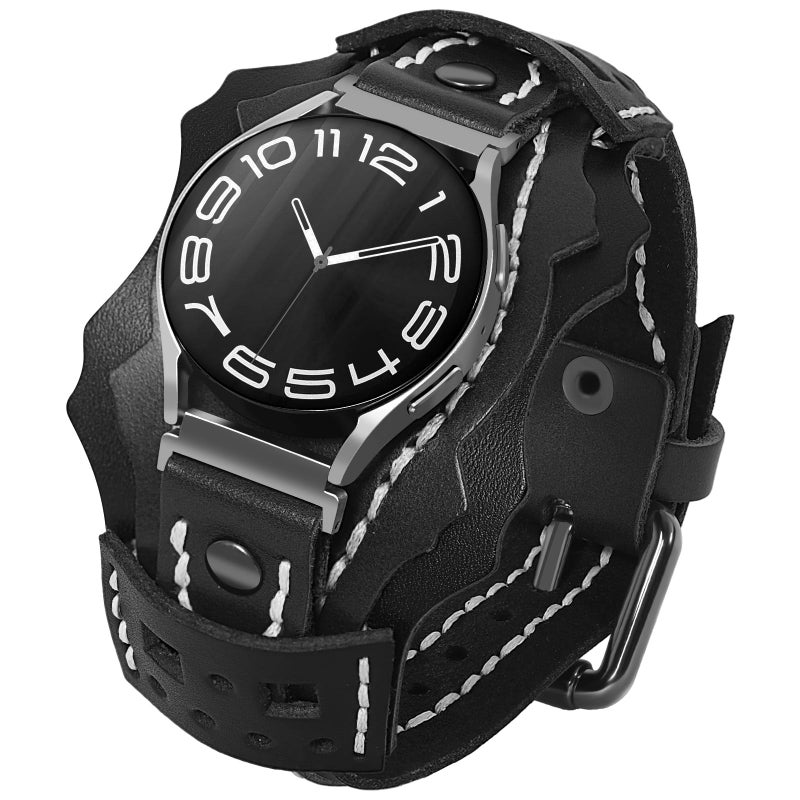VIQIV Leather Band Compatible with Samsung Galaxy Watch 7654FE Active 2 40mm 44mmWatch 4 6 Classic 43mm 47mm 42mm 46mmWatch 5 Pro 45mm Bands Men 20mm TwoTone Gothic Biker Sport Leather Strap Women Black - Image 2