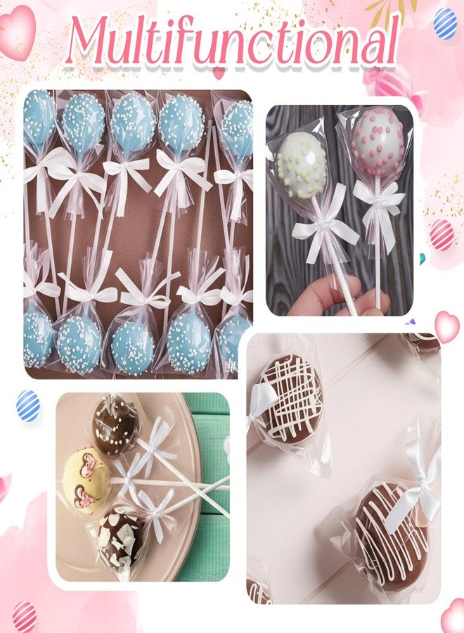 Honoson Cake Pop Sticks and Wrappers Kit Including Clear Cake Pop Bags 6 Inch Paper Lollipop Sticks Bows for Cakepop, Candies, Chocolate, Wedding Decorations(White,50 Sets) - Image 3