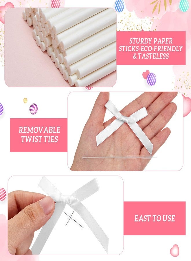 Honoson Cake Pop Sticks and Wrappers Kit Including Clear Cake Pop Bags 6 Inch Paper Lollipop Sticks Bows for Cakepop, Candies, Chocolate, Wedding Decorations(White,50 Sets) - Image 4