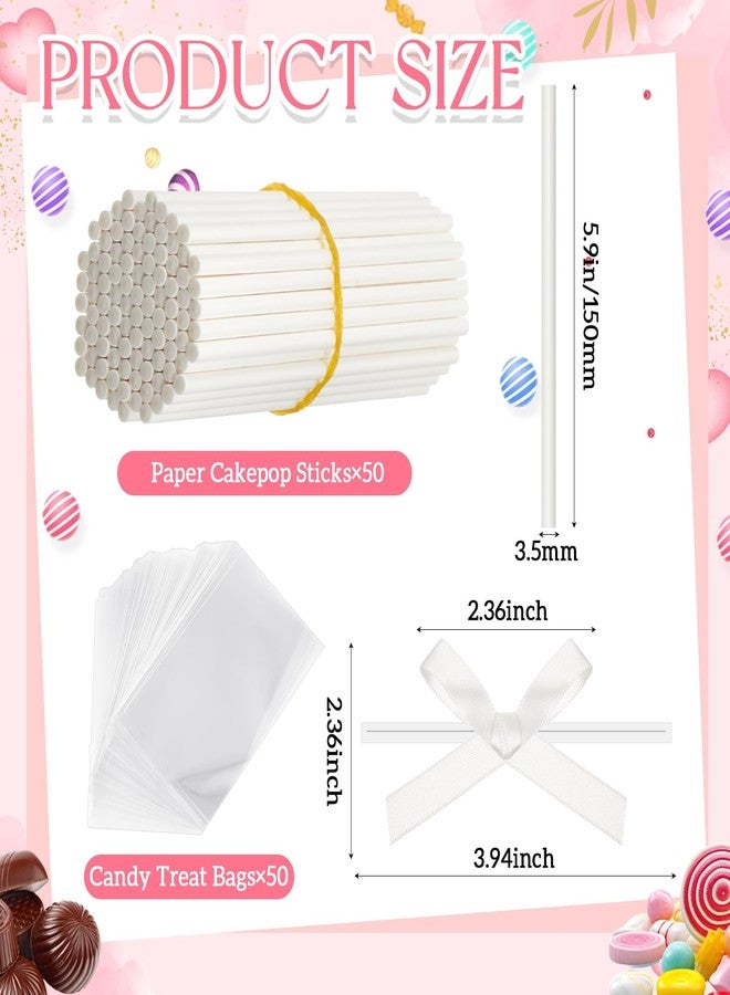 Honoson Cake Pop Sticks and Wrappers Kit Including Clear Cake Pop Bags 6 Inch Paper Lollipop Sticks Bows for Cakepop, Candies, Chocolate, Wedding Decorations(White,50 Sets) - Image 2