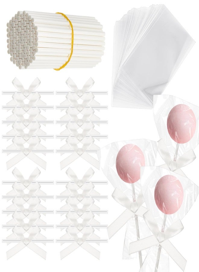 Honoson Cake Pop Sticks and Wrappers Kit Including Clear Cake Pop Bags 6 Inch Paper Lollipop Sticks Bows for Cakepop, Candies, Chocolate, Wedding Decorations(White,50 Sets) - Image 1