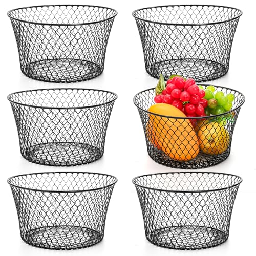 Mezchi 6 Pack Metal Wire Baskets for Kitchen Storage, Modern Black Countertop Fruit Bowl, Round Produce Organizer, Multi-Purpose for Fruits, Snacks, Breads - Image 1