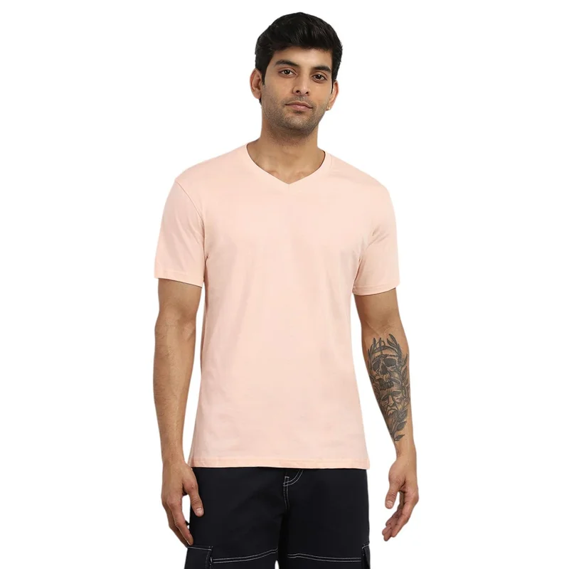 NOBERO Men's Solid V-Neck T-Shirt in Pink