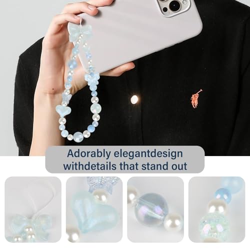 LUVI Beaded Phone Charm Lanyard Wrist Strap Love Heart Bow Beads Butterfly Chain Flower String Pearl Bling Bracelet Keychain Cute Fashion for Women Blue - Image 4