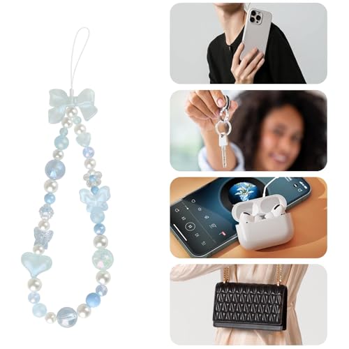 LUVI Beaded Phone Charm Lanyard Wrist Strap Love Heart Bow Beads Butterfly Chain Flower String Pearl Bling Bracelet Keychain Cute Fashion for Women Blue - Image 3
