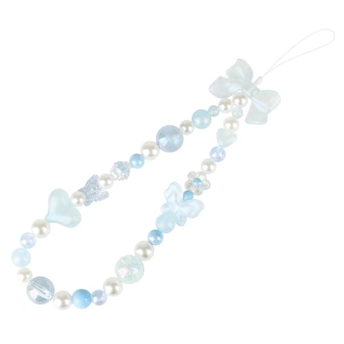 LUVI Beaded Phone Charm Lanyard Wrist Strap Love Heart Bow Beads Butterfly Chain Flower String Pearl Bling Bracelet Keychain Cute Fashion for Women Blue - Image 1