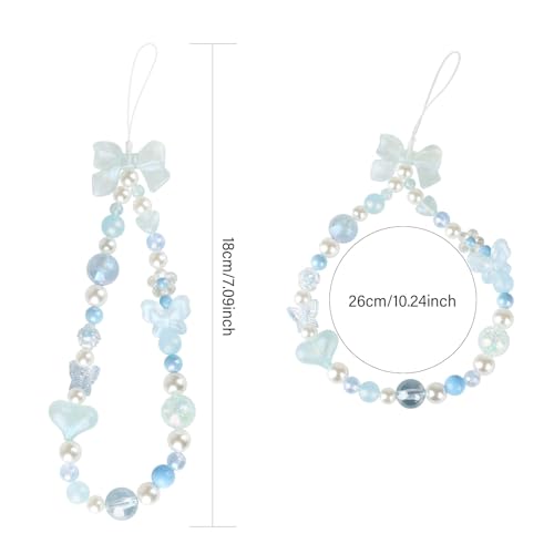 LUVI Beaded Phone Charm Lanyard Wrist Strap Love Heart Bow Beads Butterfly Chain Flower String Pearl Bling Bracelet Keychain Cute Fashion for Women Blue - Image 2