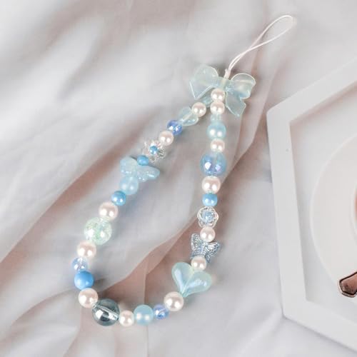 LUVI Beaded Phone Charm Lanyard Wrist Strap Love Heart Bow Beads Butterfly Chain Flower String Pearl Bling Bracelet Keychain Cute Fashion for Women Blue - Image 5