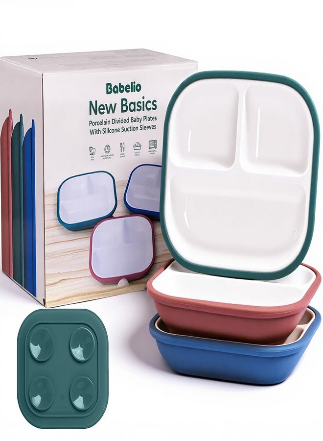 BABELIO 8'' Toddler Porcelain Plates with Silicone Suction Sleeves, Lead & BPA Free, Divided, Microwave & Dishwasher Safe, Stay Put, Suitable for Kids, 3 Pack - Image 1