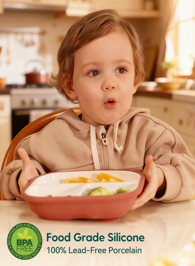 BABELIO 8'' Toddler Porcelain Plates with Silicone Suction Sleeves, Lead & BPA Free, Divided, Microwave & Dishwasher Safe, Stay Put, Suitable for Kids, 3 Pack - Image 2