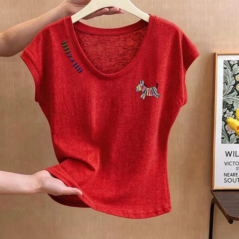 Casual Short Sleeve T-Shirt with Zebra Embroidery, Fashion Crew Neck Loose Tee, Daily Casual Comfortable Top for Women - Image 2