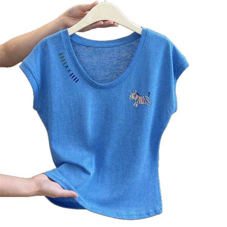 Casual Short Sleeve T-Shirt with Zebra Embroidery, Fashion Crew Neck Loose Tee, Daily Casual Comfortable Top for Women - Image 5