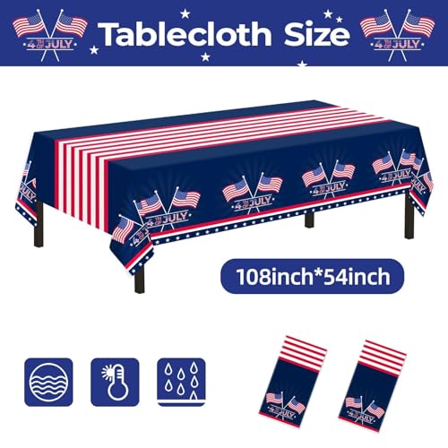 Childom 2 Pack Patriotic Tablecloth,Patriotic Decorations 54" x 108" Disposable American Flag Tablecloth,Plastic Table Cover for Veterans Day Decorations,Fourth of July,Camping,Picnic,Party Supplies - Image 2