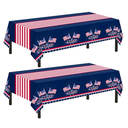 Childom 2 Pack Patriotic Tablecloth,Patriotic Decorations 54" x 108" Disposable American Flag Tablecloth,Plastic Table Cover for Veterans Day Decorations,Fourth of July,Camping,Picnic,Party Supplies - Image 1