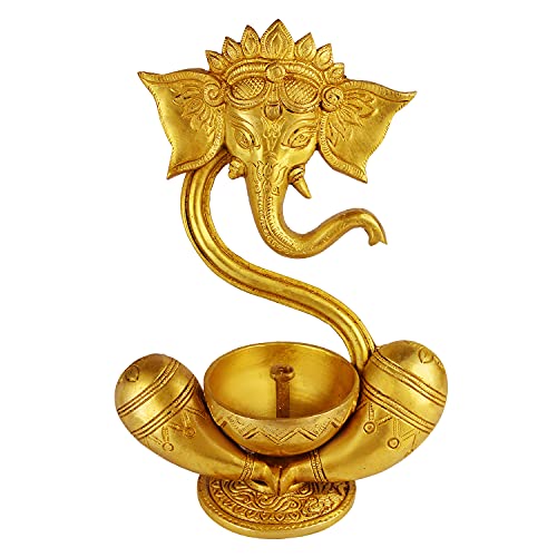 Kartique Brass Ganesh Idol Oil Diya with Large Container Deepam for Home Decor Pooja Decorative Deepak Diwali Puja Wedding Gift Mandir Temple Height 8.5 Inch Gold Size : Small - Image 1