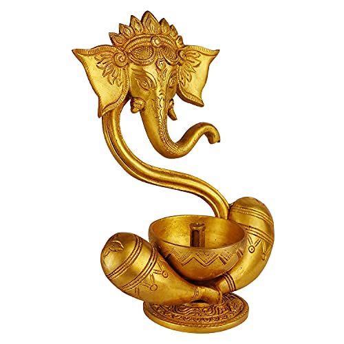 Kartique Brass Ganesh Idol Oil Diya with Large Container Deepam for Home Decor Pooja Decorative Deepak Diwali Puja Wedding Gift Mandir Temple Height 8.5 Inch Gold Size : Small - Image 2