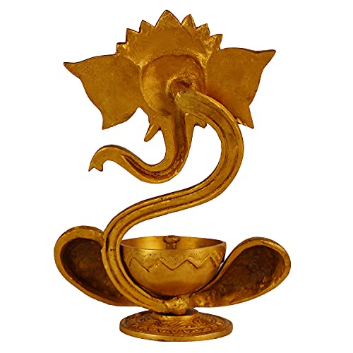 Kartique Brass Ganesh Idol Oil Diya with Large Container Deepam for Home Decor Pooja Decorative Deepak Diwali Puja Wedding Gift Mandir Temple Height 8.5 Inch Gold Size : Small - Image 3