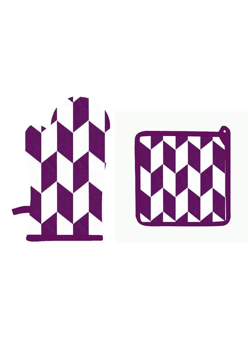 AIRWILL Airwill Cotton Designer Pattern Heat Resistant Kitchen Linens 1 Oven Mitt 1 Pot Holder PurpleWhite  - Image 1
