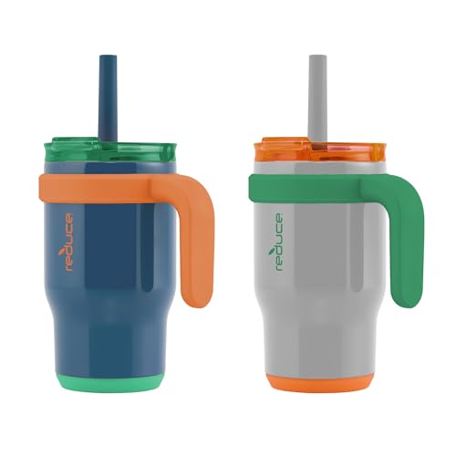 REDUCE 14 oz Coldee Tumbler with Handle for Kids - 2 Pack, Leakproof Insulated Stainless Steel Mug with Lid & Spill-Proof Straw, Keeps Drinks Cold up to 18 Hrs, Grey and Navy - Image 2