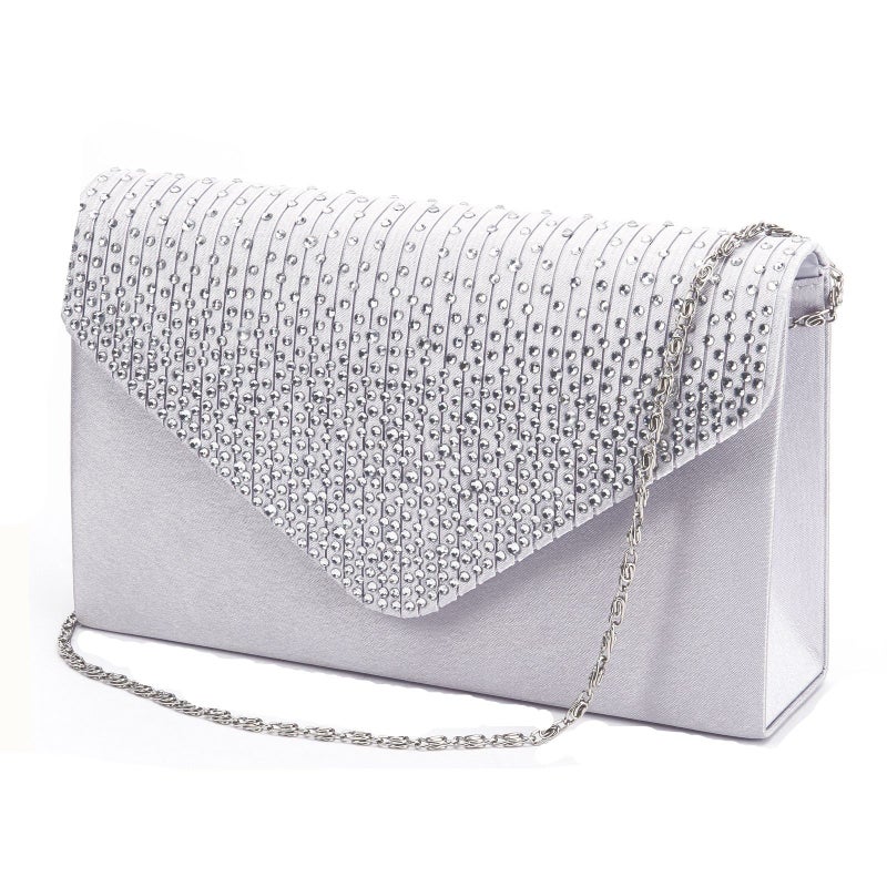 Nodykka Nodykka Women Evening Envelope Rhinestone Frosted Handbag Party Bridal Clutch Purse Shoulder Cross Body Bag, Silver  - Image 1