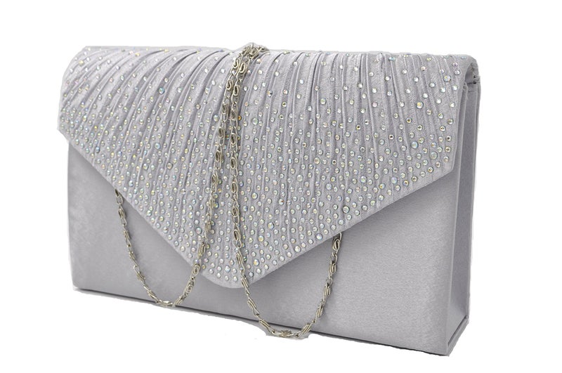 Nodykka Nodykka Women Evening Envelope Rhinestone Frosted Handbag Party Bridal Clutch Purse Shoulder Cross Body Bag, Silver  - Image 4