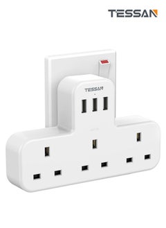 TESSAN Multi Plug Extension Socket Adapter with 3 USB, TESSAN 3 Way Plugs Extender Wall Electrical Outlet Adapter, 3 Pin Electrical Power Sockets for Home, Office, Kitchen (White)  - Image 1