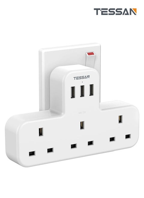 محول متعدد المكونات تمديد المقبس مع 3 USB، TESSAN 3 الطريق 3 المقابس موسع جدار الكهربائية المخرج محول، 3 دبوس الكهربائية مآخذ الطاقة للمنزل و مكتب، مطبخ (الابيض)