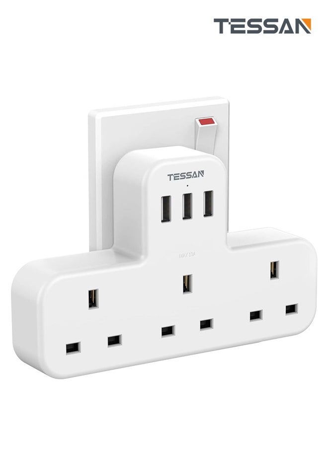 تيسان محول متعدد المكونات تمديد المقبس مع 3 USB، TESSAN 3 الطريق 3 المقابس موسع جدار الكهربائية المخرج محول، 3 دبوس الكهربائية مآخذ الطاقة للمنزل و مكتب، مطبخ (الابيض)  - Image 1