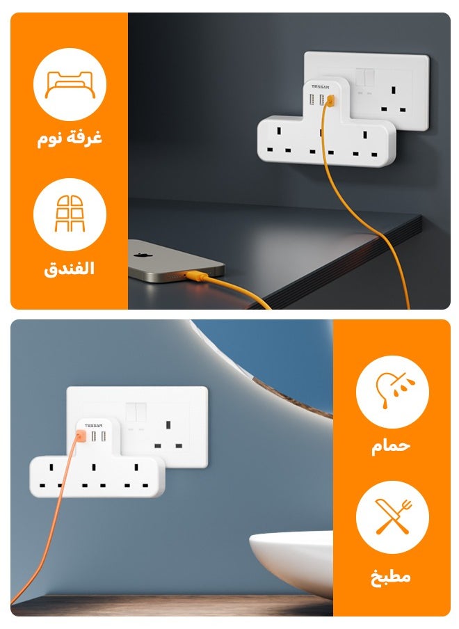 محول متعدد المكونات تمديد المقبس مع 3 USB، TESSAN 3 الطريق 3 المقابس موسع جدار الكهربائية المخرج محول، 3 دبوس الكهربائية مآخذ الطاقة للمنزل و مكتب، مطبخ (الابيض)