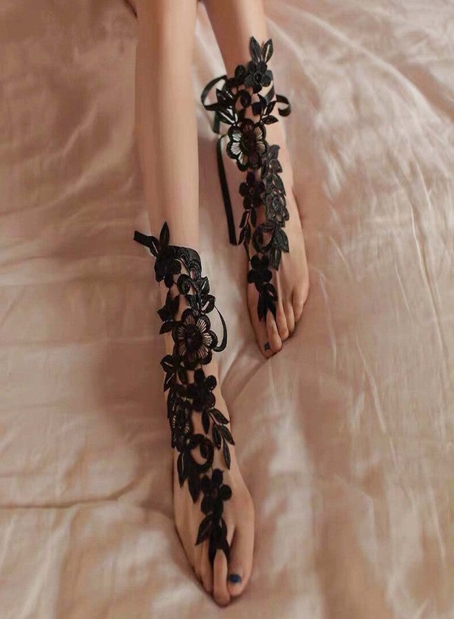 WZNBBOY Sexy Lace Barefoot Sandals with Toe Ring Vintage Floral Anklet for Women Bridal Beach Wedding Foot Jewelry Prom Festival Gift (Black) - Image 2