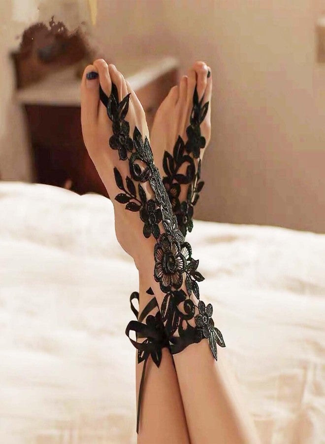 WZNBBOY Sexy Lace Barefoot Sandals with Toe Ring Vintage Floral Anklet for Women Bridal Beach Wedding Foot Jewelry Prom Festival Gift (Black) - Image 4