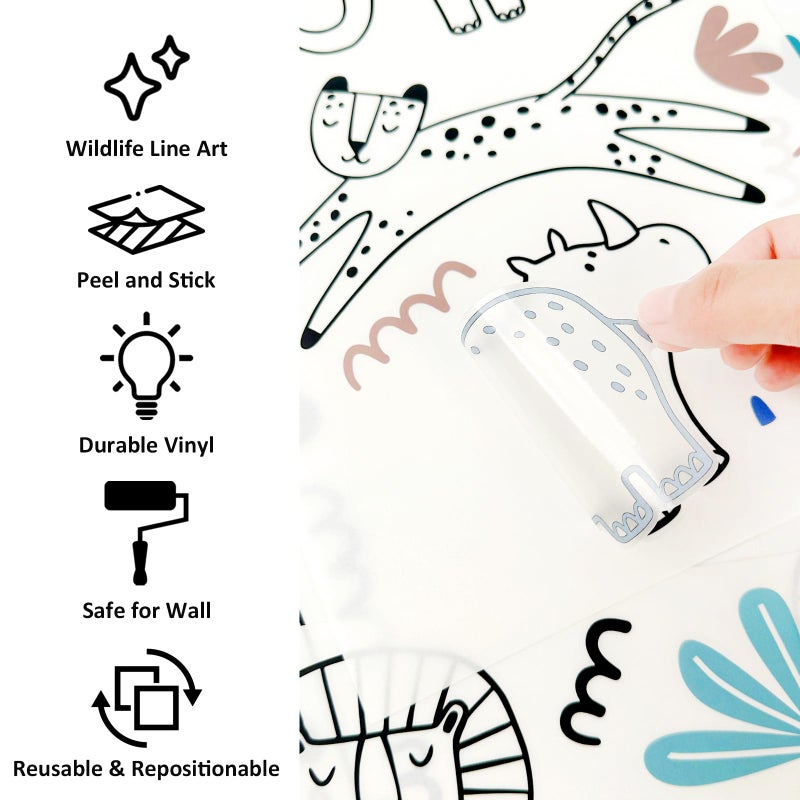 AOWDIAO Safari Wildlife Animal Wall Decals Line Art Peel & Stick Decor for KidsRoom & Nursery - Image 3