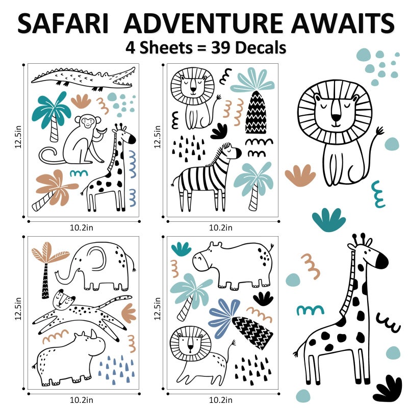 AOWDIAO Safari Wildlife Animal Wall Decals Line Art Peel & Stick Decor for KidsRoom & Nursery - Image 2