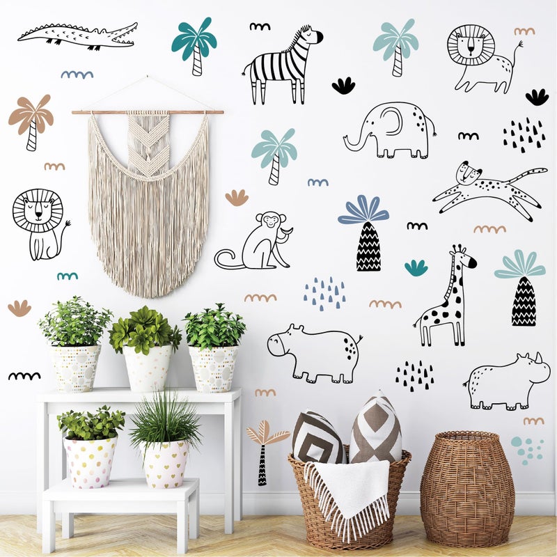 AOWDIAO Safari Wildlife Animal Wall Decals Line Art Peel & Stick Decor for KidsRoom & Nursery - Image 1